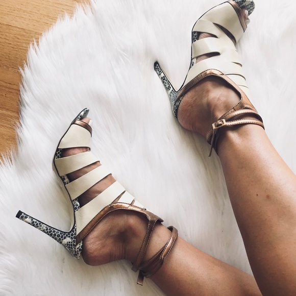 Scene Shoes - Bronze, Cream, Snakeskin Cutout Ankle Wrap Heels